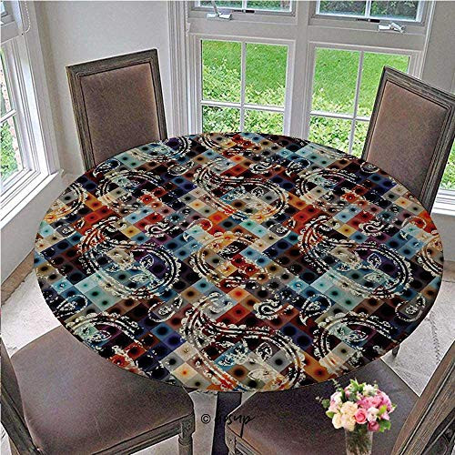 ThinkingPower Tablecloths Geometric Retro Design Background with Paisley Figures Spots Like Artwork Print Perfect Tablecloth No Fabric Draping Down for Puppy to Grab Multicolor Diameter - 39 Inch