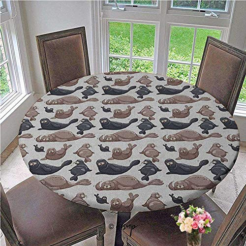 Round Elastic Table Cloth Seals Illustration Sea Lion Exotic Tropical Comic Graphic Wild Ocean Polyester tablecothes No Fabric Draping Down for Puppy to Grab Cadet Blue Mauve Diameter - 39 Inch