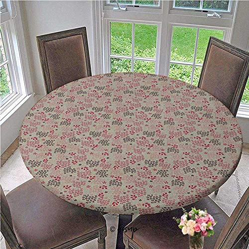 Elasticized Tablecloth Abstract Lined with Pastel Leaves and Flowers Retro Inspirations Elastic Edge Fitted Table Cloth No Fabric Draping Down for Puppy to Grab Pink Beige Purple Diameter - 39 Inch
