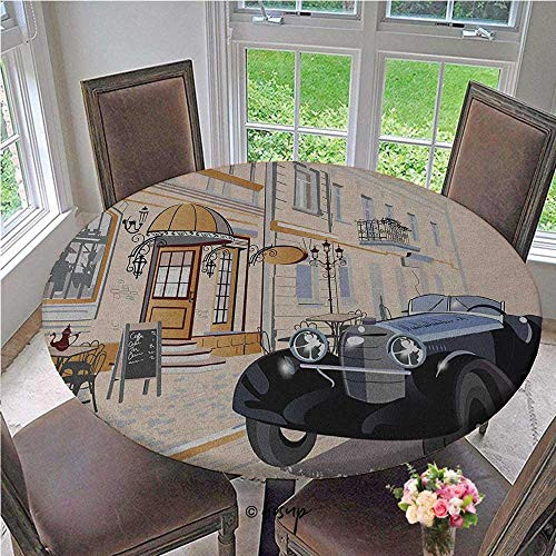 Elasticized Table Cover Hand Drawn Old School Car Parked in front of a Nostalgic Cafe Retro Polyester Round Tablecloth Table Cloth No Fabric Draping Down for Puppy to Grab Diameter - 39 Inch