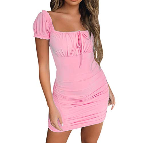Gergeos Women Summer Square Neck Short Sleeve Lace Up Ruched Slim Mini Dresses Pink Gergeos Women Summer Square Neck Short Sleeve Lace Up Ruched Slim Mini Dresses Pink
