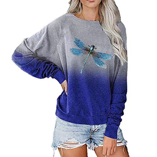 Sweatshirts for Women Womens Dragonfly Gradient Print Contrast Color Crewneck Long Sleeve Pullover Tops T Shirts Blouse Blue