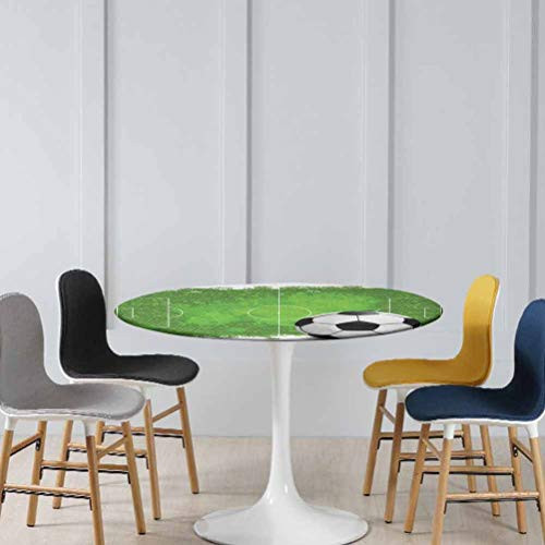 Round Elastic Table Cloth Grunge Worn Looking Pitch Pattern Football Six Yard Box Vintage Elastic Fitted Table Cover No Fabric Draping Down for Puppy to Grab Green Black White Diameter - 39 Inch