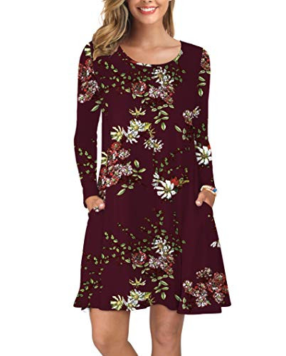 KORSIS Women Long Sleeve Tops T-Shirt Dress Round Neck Casual Loose Dress Flower Wine Red 2XL