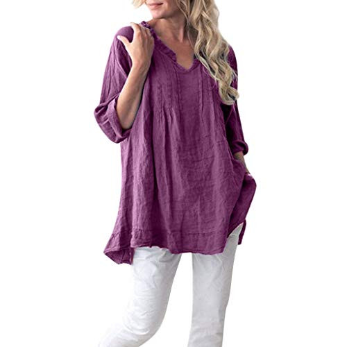 HIRIRI Women Loose Fit Pleated Tunic Shirts Casual Solid Long Sleeve V-Neck Ruffled Pullover Tops Blouse Purple