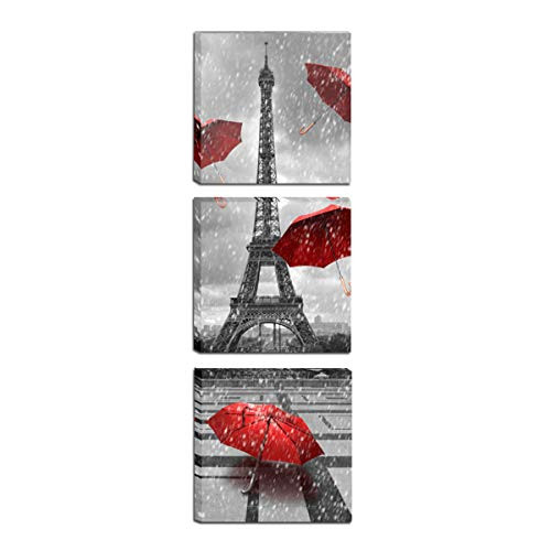 Meiji Paris Eiffel Tower Canvas Wall Art Decor Red Umbrellas Poster Prints Pictures Artwork for Living Room Ready to Hang  Red 12X12inchx3  30x30cmx3