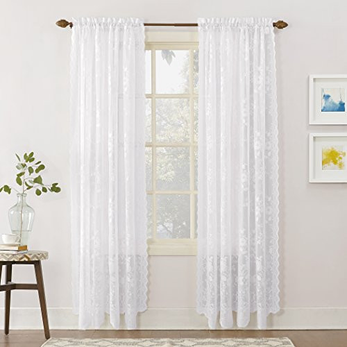 No. 918 Alison Floral Lace Sheer Rod Pocket Curtain Panel, 58" x 95", White