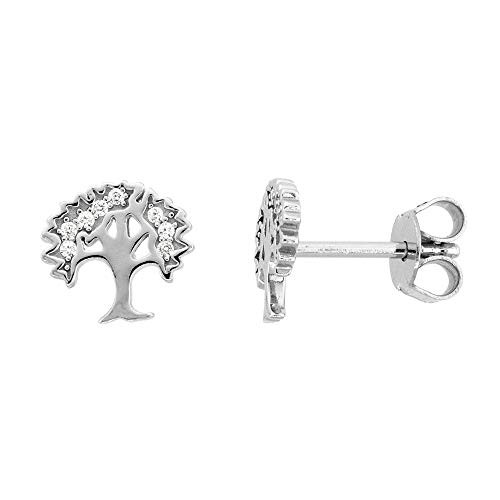Tiny Sterling Silver Cubic Zirconia Tree of Life Stud Earrings Micropave Rhodium Finish 3 8 inch