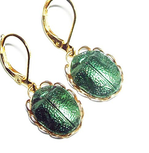 EGYPTIAN REVIVAL SCARAB Beetle Earrings Metallic Green Dangle Drops Gold Plt