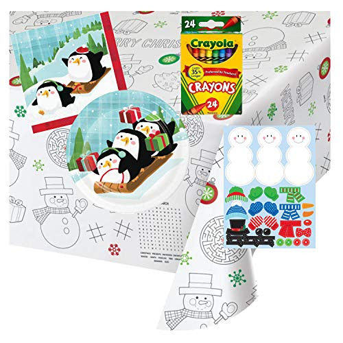 Kids Christmas Table Coloring and Activity Party Supply Pack  Bundle Includes Plates Napkins Stickers Crayons and Paper Activity Table Cover for up to 8 Guests