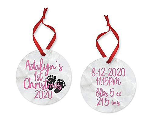 Personalized babys 1st Christmas ornament for baby girl with birth stats on back 2020   newborn first ornament