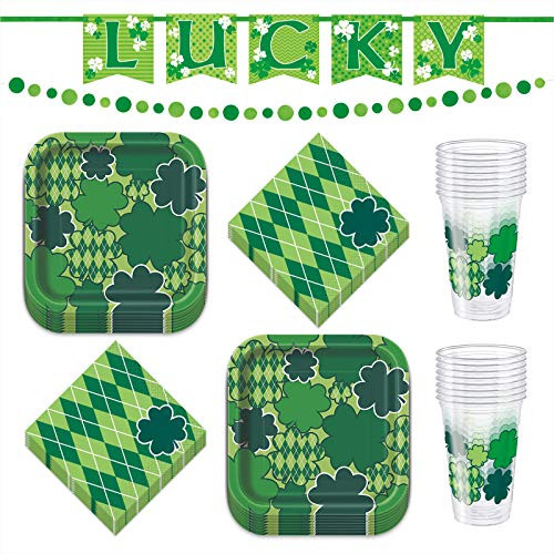 St. Patricks Day Argyle and Clover Dessert Party Pack - Paper Plates Beverage Napkins Plastic Cups and 2 Banner Garlands Serves 16 St. Patricks Day Argyle and Clover Dessert Party Pack - Paper Plates Beverage Napkins Plastic Cups and 2 Banner Garlands Serves 16