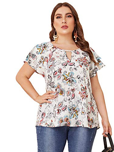 Romwe Womens Plus Size Boho Floral Print Butterfly Short Sleeve Keyhole Neckline Blouse Tee Top Multicolor 2XL
