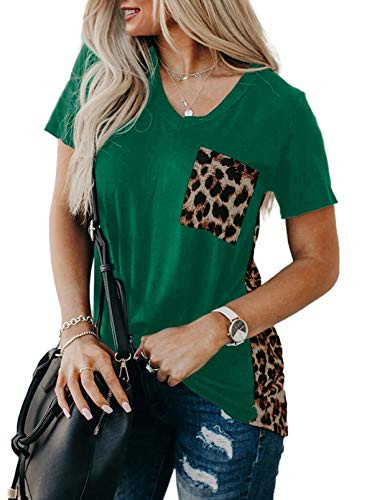 AlavQ Womens Shirt Cute Leopard Print T Shirts Plus Size Summer Casual Loose Short Sleeve Tunics V Neck Tops Green 1X