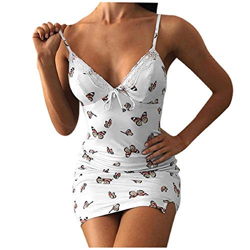 NXDA Camisole Mini Dress for Women Small Butterflies Printed Casual V Neck Sleeveless Slim Waist Skirt Dresses White