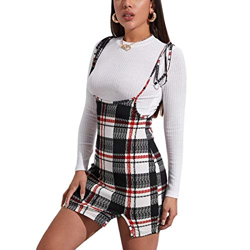 Womens Plaid Overall Tie Shoulder Cami Bodycon Mini Dress Split Hem Short Sundress  Red L