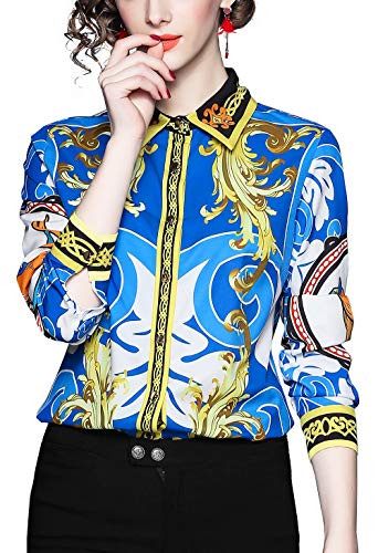 Womens Elegant Baroque Printed Casual Blouse Button Down Long Sleeve Shirt Tops