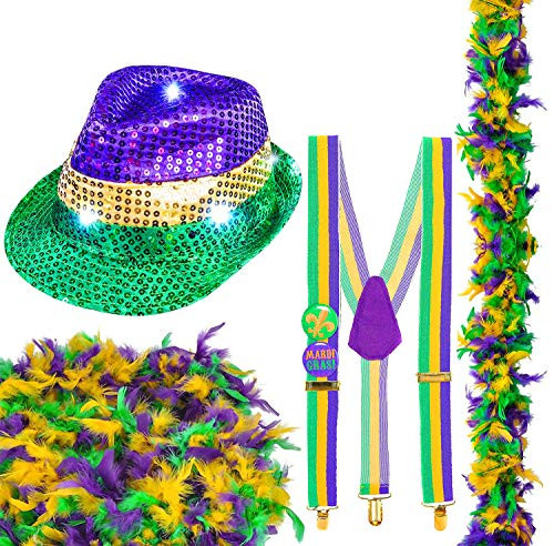 Mardi Gras Party Costume Bundle Fedora Hat Suspenders And Feather Boa Great Mardi Gras accessories for Adults Festive Party Supplies By 4Es Novelty