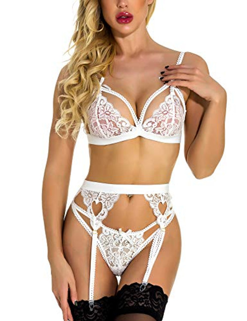 RSLOVE White Lingerie Women Lingerie Sets with Garter Belt 3 Piece Lace Teddy Babydoll Bodysuit White S RSLOVE White Lingerie Women Lingerie Sets with Garter Belt 3 Piece Lace Teddy Babydoll Bodysuit White S