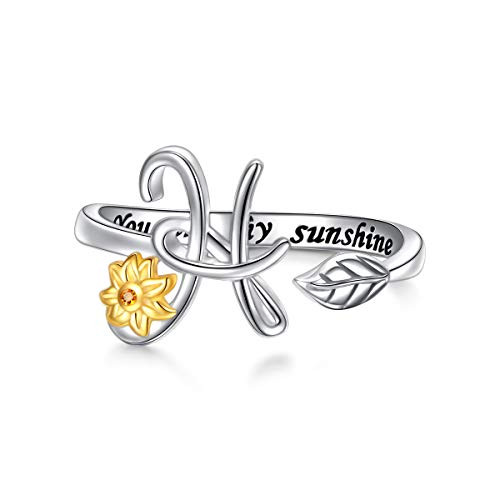 Sterling Silver Gold Tone Sunflower Initial 26 Letter Script Name Alphabet A to Z Resizable Ring for Size 5-9  H