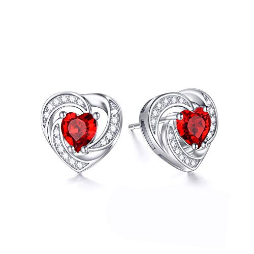 925 Sterling Silver Halo Heart Stud Earrings with Simulated Ruby Austrian Crystals July Birthstone Jewelry Anniversary Valentines Birthday Jewelry Gifts for Women