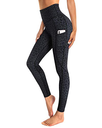 OUGES Womens High Waist Yoga Pants with Pockets Workout Running Leggings Gray LeopardL