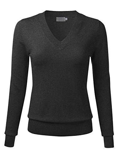 FLORIA Womens Soft Basic Thick V-Neck Pullover Long Sleeve Knit Sweater CHARCOALGRAY S
