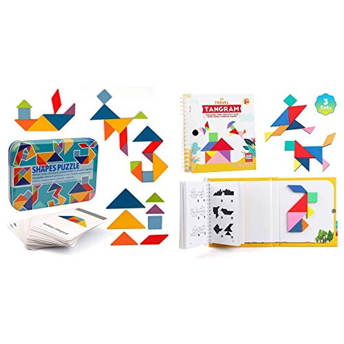 Vanmor Wooden Tangram Set with 60 Design Cards  and  240 Solution Travel Tangram Puzzle with 3 Set of Magnetic Tangram
