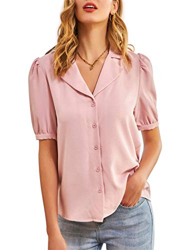 GRACE KARIN Loose Button Down V-Neck Notched Lapel Casual Work Shirts Blouse for Women Daily Wear Pink XXL