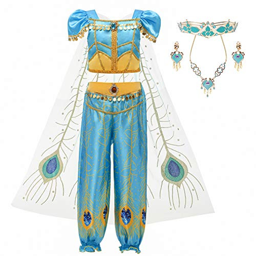 Anbelarui Girls Arabian Princess Costume Party Halloween Fancy Dress Up with EarringsNecklaceHeaddress  Blue 02 8-9 Years