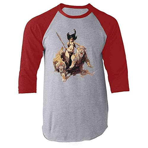 The Huntress by Frank Frazetta Art Red XL Raglan Baseball Tee Shirt