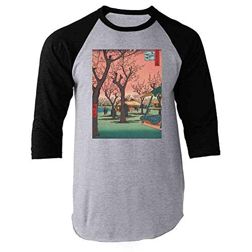 Cherry Blossoms Japanese Woodblock Art Vaporwave Pink Black L Raglan Baseball Tee Shirt