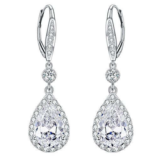 EleQueen Teardrop Lever-back Dangle Earrings 925 Sterling Silver Full Cubic Zirconia Bridal Long Earrings for Women Girls