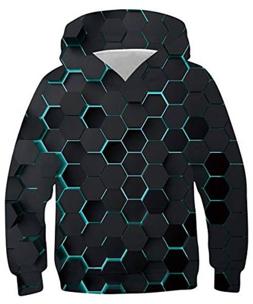 AIDEAONE Kids Pullover Sweatshirt for Boys 3D Realistic Hexagon Cool Pullover Hoodies Jumper Tops with Front Pocket 12-13 Years Black Blue AIDEAONE Kids Pullover Sweatshirt for Boys 3D Realistic Hexagon Cool Pullover Hoodies Jumper Tops with Front Pocket 12-13 Years Black Blue