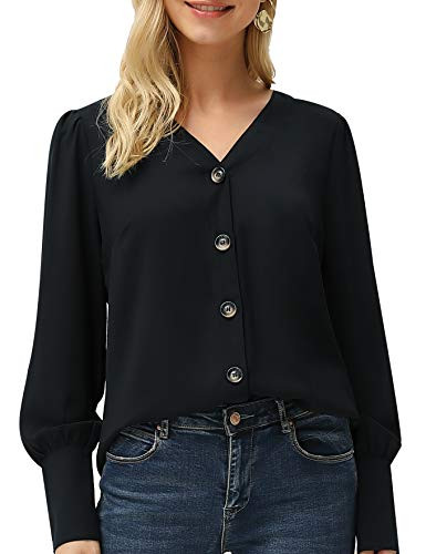 Women V Neck Long Sleeve Curved Hem Button Down Blouses Tops Size XLBlack