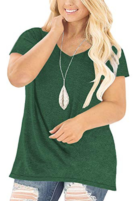 DOLNINE Womens Plus Size Tunic Tops Short Sleeve V Neck Plain T Shirts Blouses Green-26W