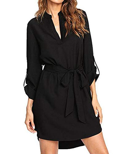 kenoce Blouse Dress for Women V Neck Solid Plain Loose Long Sleeve Shirt Dresses Causal Long Tunic Tops Black XL