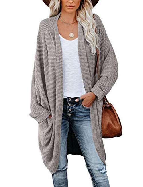 MEROKEETY Womens Waffle Knit Batwing Long Sleeve Cardigan Loose Open Front Sweater Coat Grey XL