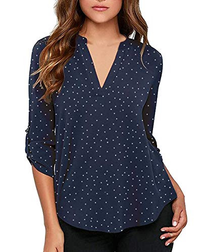 roswear Womens Casual Polka Dots Roll Tab Long Sleeve Blouse Navy S