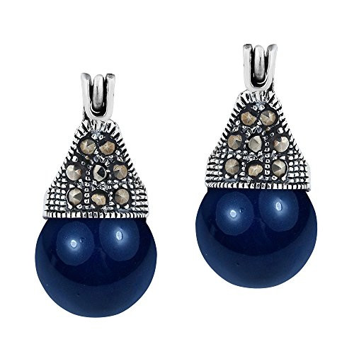 10 mm Blue Faux Pearl-Marcasite Style Pyrite Studded Crown .925 Sterling Silver Huggie Earrings