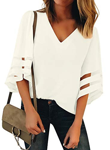 Utyful Womens Beige Casual V Neck Mesh Panel 3 4 Bell Sleeve Solid Loose Blouse Top X-Large