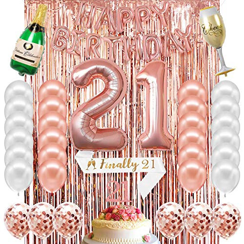 21st Birthday Decorations Party Supplies 21st Birthday Gifts Balloons for Her 21 Cake Topper Rose Gold Banner for Finally Legal 21st Birthday Party