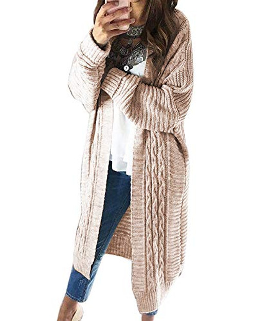 Ferrtye Womens Oversized Chunky Long Cardigan Sweaters Open Front Cable Knit Long Sleeve Duster Cardigans Beige