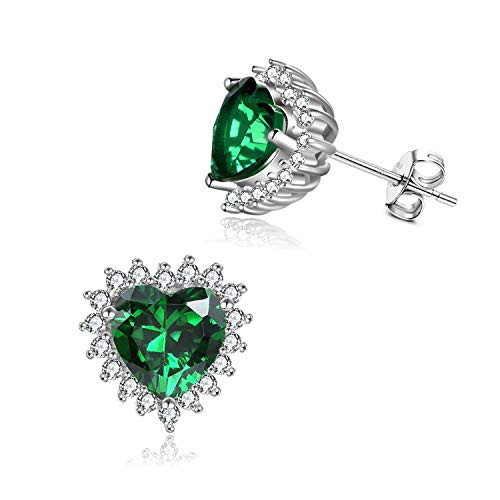 POPKIMI Sterling Silver Emerald Earrings for Women Green Earrings Heart Shape Stud Earrings May Birthstone Earrings Jewelry Christmas Birthday Gift  May