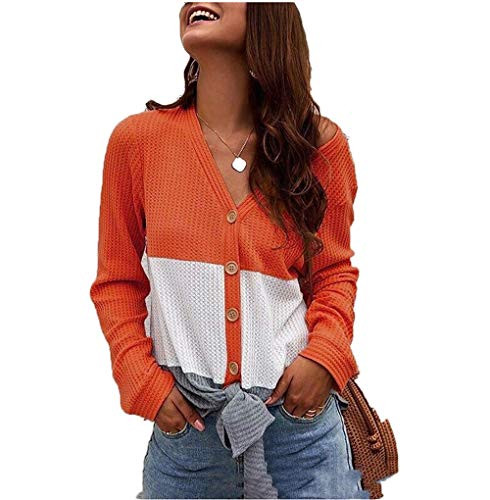 Womens Button Down Knit Cardigans Tie Knot Color Block Tops V Neck Tunic Blouse