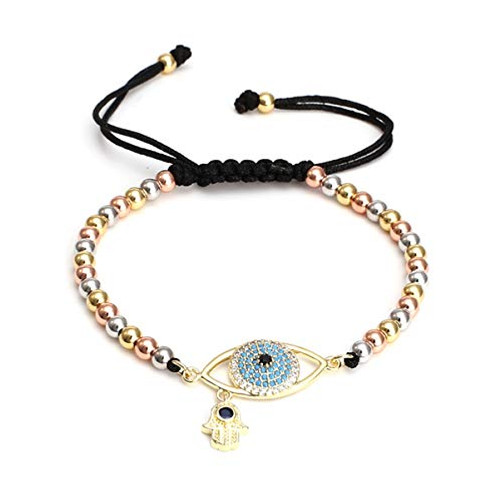 ZiMOJiE Womens 4mm Gold Plated Beads Bracelet Adjustable Braided String Evil Eye Hamsa Hand for Protection Bracelets  Evil Eyes