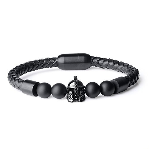 COAI Matte Onyx Stone Spartan Helmet Leather Bracelet for Men