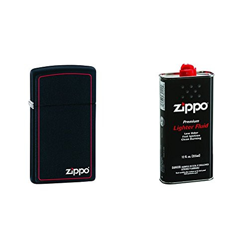 Zippo Logo Slim Black Matte with Red Border Pocket Lighter with 12 oz Lighter Fluid