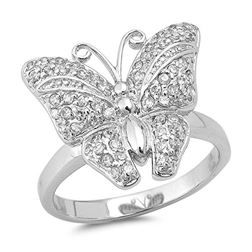 Butterfly Micro Pave White CZ Classic Ring .925 Sterling Silver Band Size 7