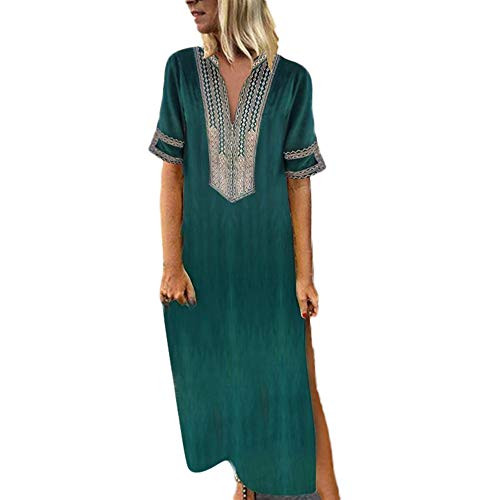 HIRIRI Womens Summer Beach V Neck Split Dress Boho Printed Short Sleeve V-Neck Maxi Hem Loose Long Dress Green